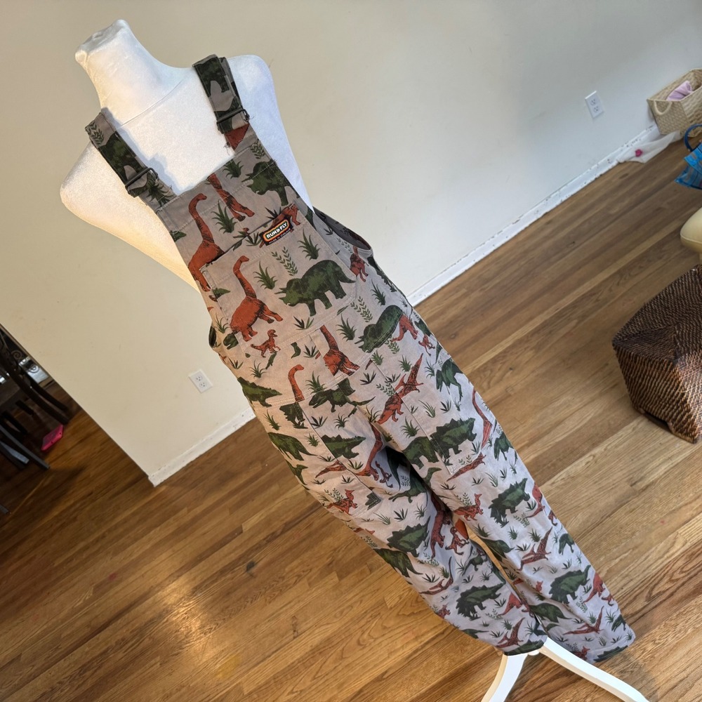 Run & Fly Dinosaur Print Grey Stretch Twill Overalls Dungarees XXXS Made in UK